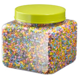 Colorful beads in pastel shades in a lime-lid jar, labeled PYSSLA.