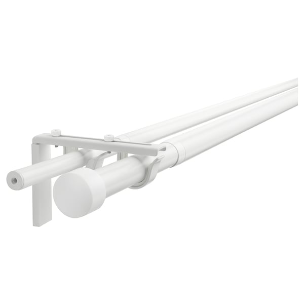 White RÄCKA curtain rod set, includes double rod, holders, and finials. Minimalist, modern design.