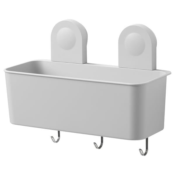 A white RÅNEN bathroom storage basket with suction cups and hooks for hanging items.