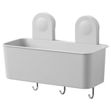A white RÅNEN bathroom storage basket with suction cups and hooks for hanging items.