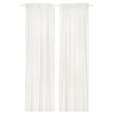 Two white RASPBJÖRNBÄR curtains with textured material, featuring a multi-way header for versatile hanging options.