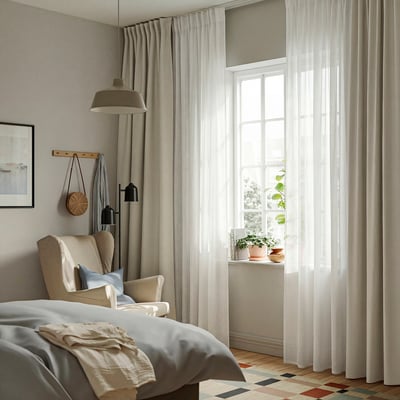 A cosy bedroom with white RASPBJÖRNBÄR curtains letting filtered light through, and a comfortable chair.