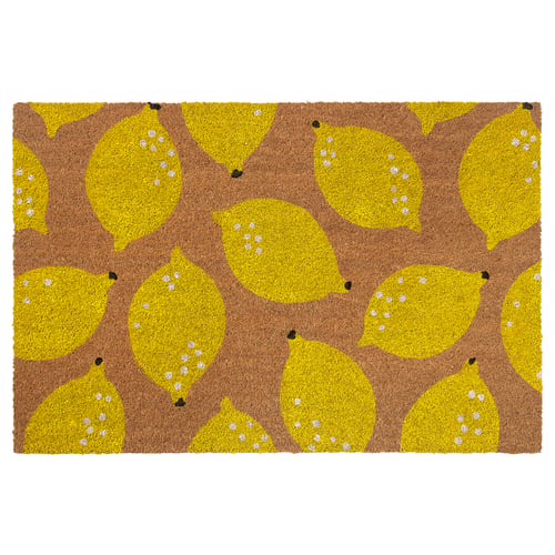 Bright yellow lemon patterned doormat with brown background. Made of coir for durability.