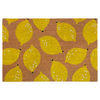 Bright yellow lemon patterned doormat with brown background. Made of coir for durability.