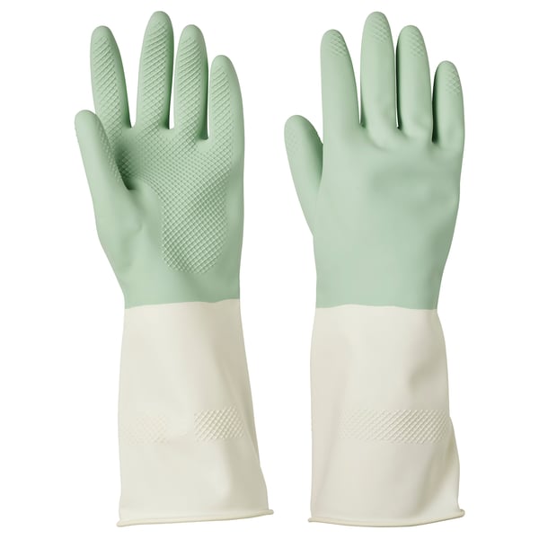 Green and white dish gloves, textured tips for grip. Made of natural latex.