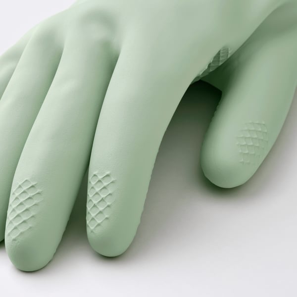 Pair of light green dish gloves with textured fingertips for better grip.