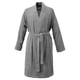 Gray cotton bathrobe, terry texture, collar, tied waist, long sleeves, side pockets.