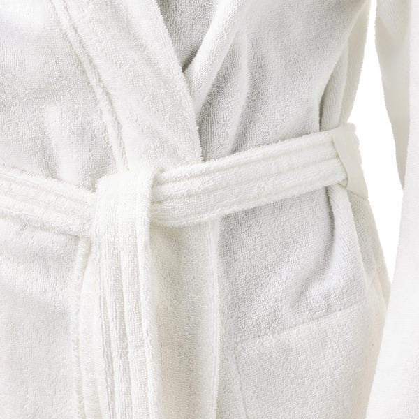 White bathrobe with double-sided terry cloth, adjustable waist belt, and side pockets.