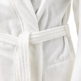 White bathrobe with double-sided terry cloth, adjustable waist belt, and side pockets.