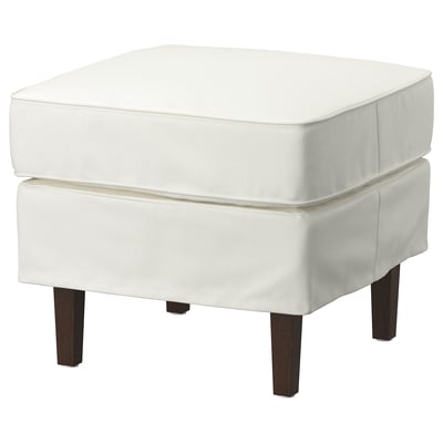 ROCKSJÖN: white, square ottoman with dark wooden legs, plush, clean design.
