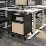 Modern office desk RODULF, white with black base. Includes storage, adjustable height.