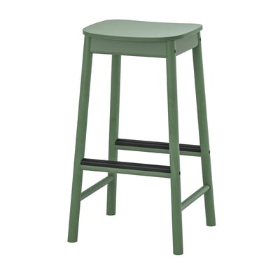 This image shows a green RÖNNINGE bar stool. It has a square seat and metal footrest, supported by four angled legs. The design is simple and sturdy.