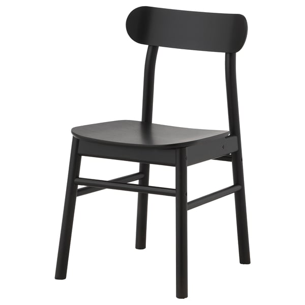 A black RÖNNINGE chair with a wooden seat, curved back, and sleek metal legs. Its simple, vintage-inspired design fits in various settings.