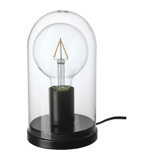 Black ROPUDDEN lamp with glass dome and round base.