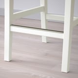 White wooden bar stool with metal footrest on light wooden floor. Sturdy and stylish design.