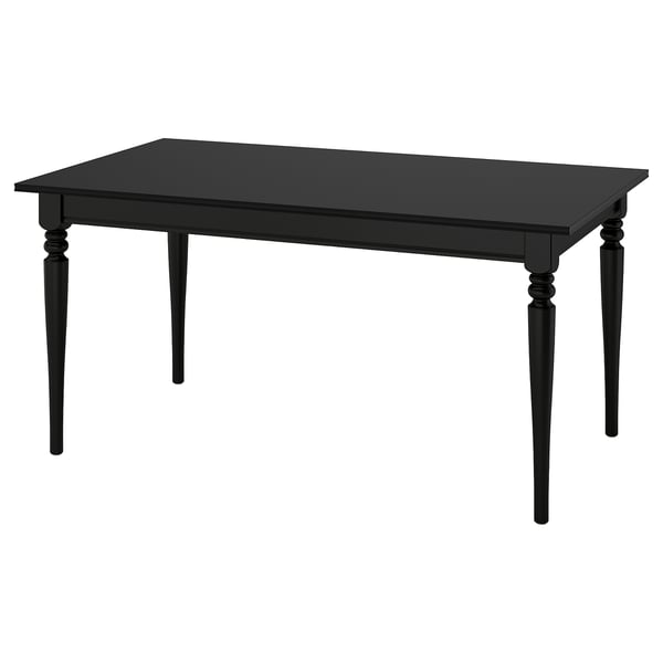 Black ROSENTORP extendable dining table, rectangular, solid wood legs, melamine top, underleaf storage.