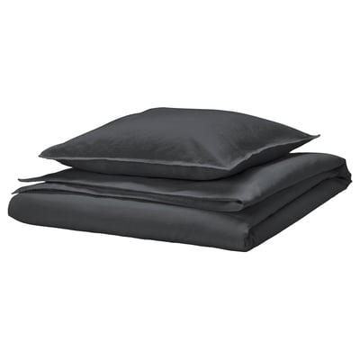 RUNDHAGTORN dark grey duvet & pillow set, linen-cotton blend, draped neatly.