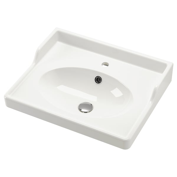 RUTSJÖN white ceramic sink, oval bowl, raised backsplash, chrome drain.