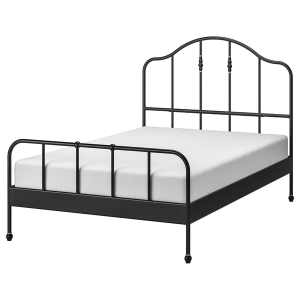 Black metal bed, SAGSTUA, curved headboard with brass details.