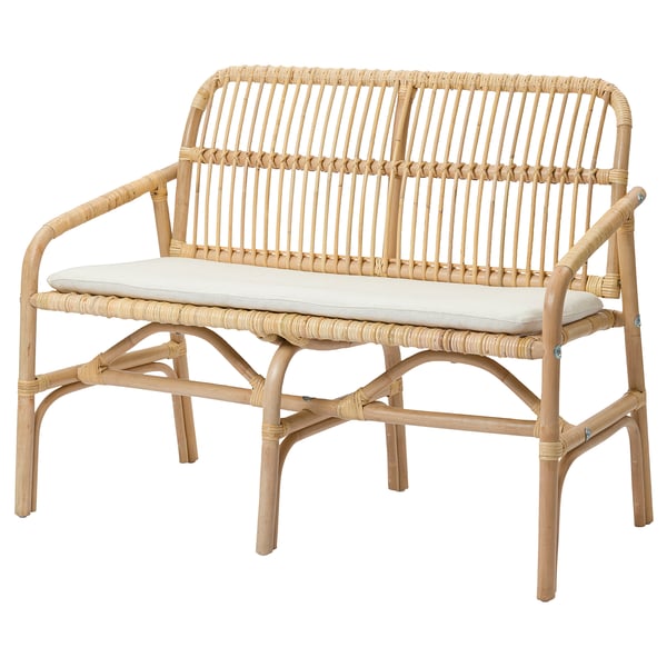 Rattan bench SALNÖ with beige cushion