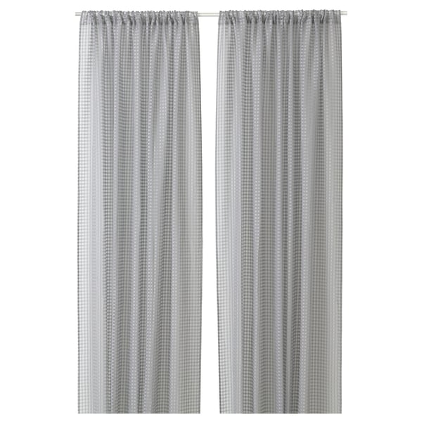 Light grey, sheer curtains with white check patterns, recycled polyester, rectangular.