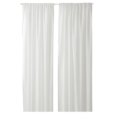 Two white sheer curtains with a subtle check pattern, made from 100% recycled polyester.