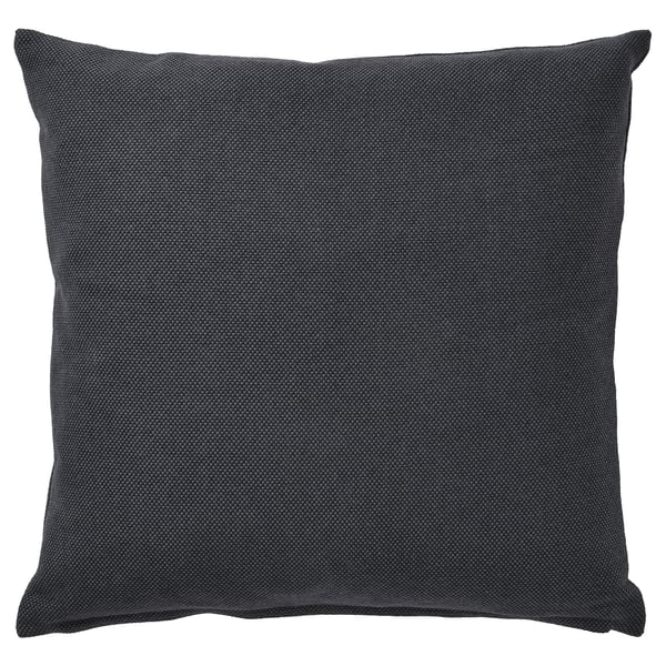 Square grey cotton pillow with zipper, textured, feathers filled.