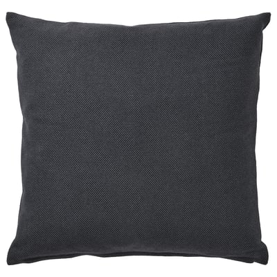 Square grey cotton pillow with zipper, textured, feathers filled.
