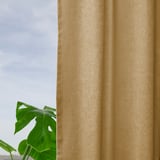 Velvet curtains filter soft light, with a large green plant leaf, creating a cozy, stylish space.