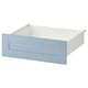 Option: A blue SANNIDAL drawer front, rectangular, with a smooth finish. Made of particleboard and paper foil, it attaches to a platsa storage unit.