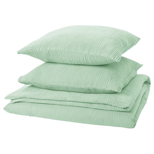 SCHERSMIN green bedding set: 2 pillows and folded duvet, 100% cotton, light textured, soft.