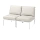 Option: Modern white outdoor loveseat, light beige cushions, minimalist design.