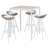 White patio set with square table & 4 stools, beige cushions, modern design