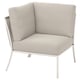 A beige, modern outdoor chair with a metal frame and cushioned seats and backrest.