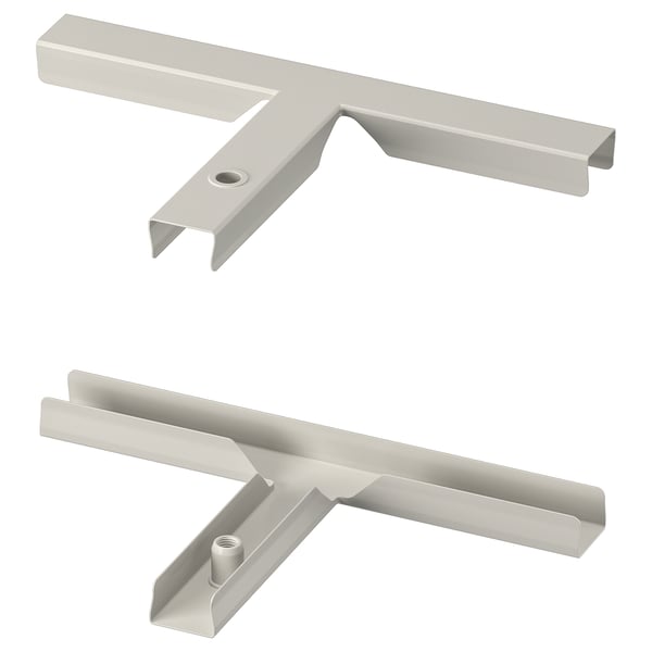 Two silver SIDORNA room divider connectors, featuring a t-shape and u-profile design, made of polyester-coated steel.