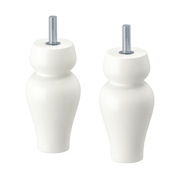 Two hourglass-shaped wooden furniture legs, rounded edges, coated in white paint, on white background.