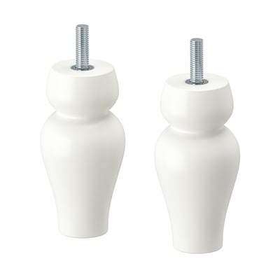 Two hourglass-shaped wooden furniture legs, rounded edges, coated in white paint, on white background.