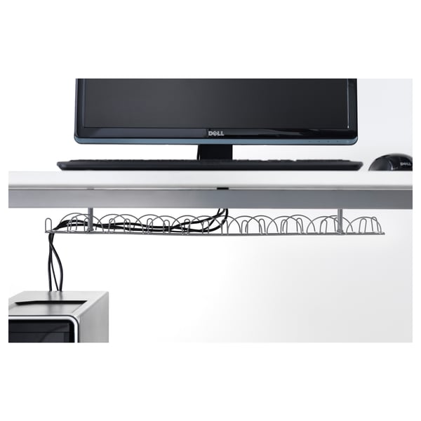 Workstation with dell monitor, keyboard, mouse, and cable management tray.