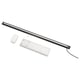 A silver led light kit, including a light bar, wireless dimmer, and driver. Modern, minimalist design for bathroom lighting.