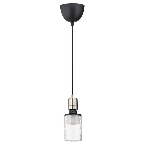 SKAFTET pendant lamp, black. Modern, tube-shaped glass shade, nickel-plated details. Adjustable cord length.