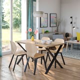 SKÅLSTA Table and 4 chairs, oak effect X-shaped black-grey/oak veneer profiled metal/black-grey, 140x80 cm