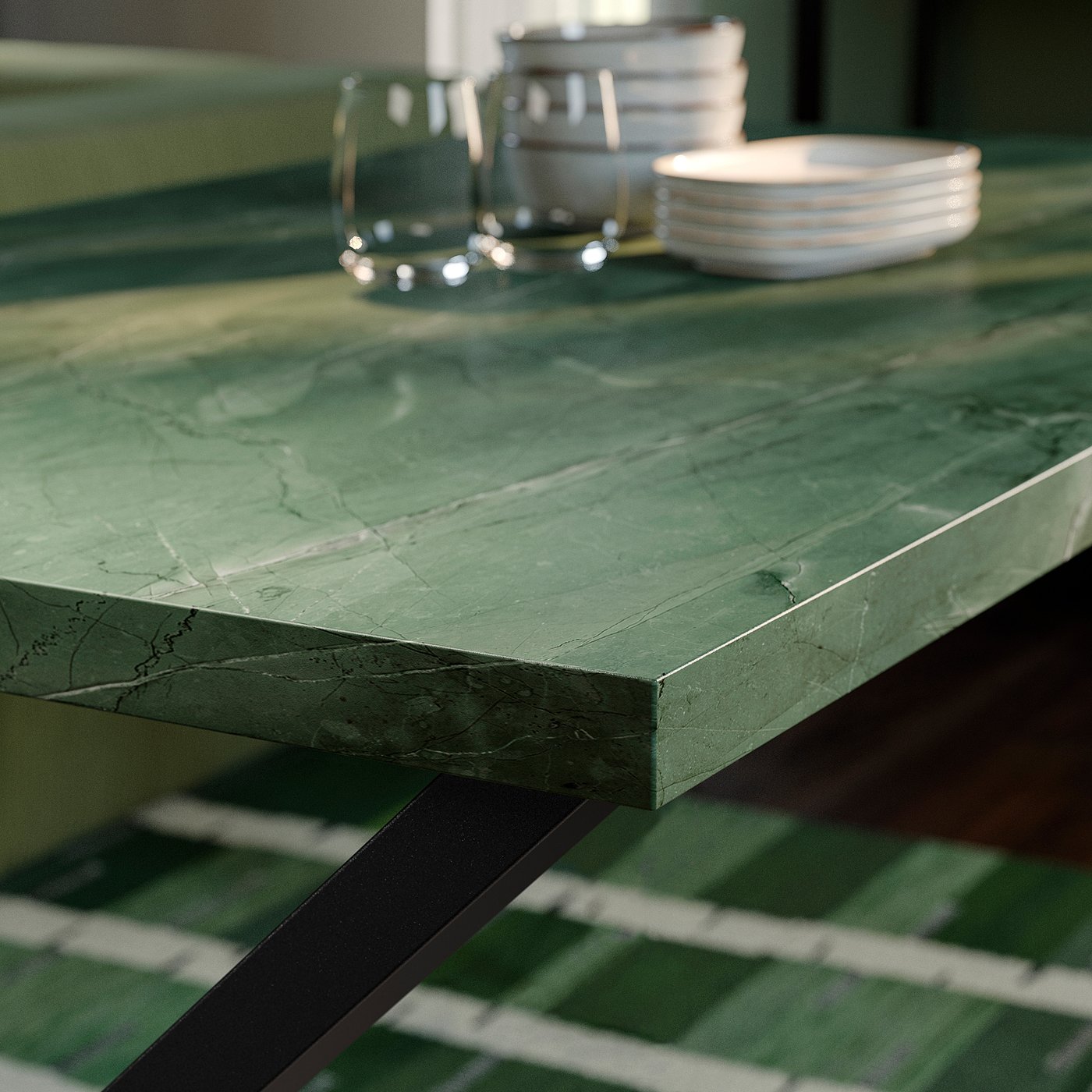 SKÅLSTA table, dark grey-green marble effect/X-shaped black