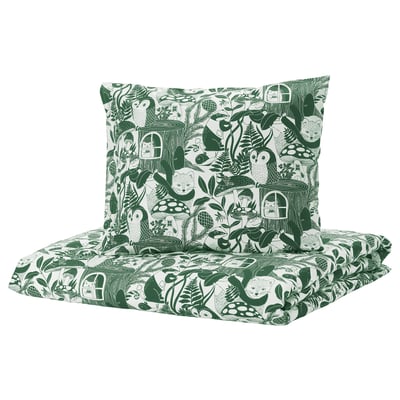Green & white forest-animal duvet & pillow. SKOGSDUVA print, cotton/viscose.