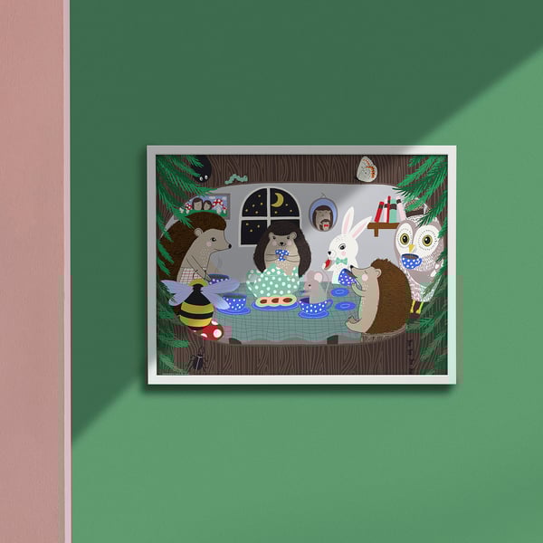 Whimsical forest creatures around a dining table, white-framed poster on green wall.