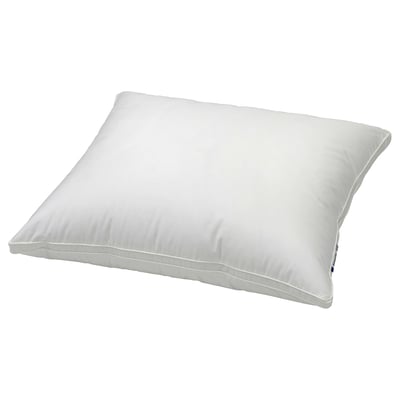 A white SKOGSOLVON pillow with a smooth, rectangular shape, featuring double piping edges, and made from lyocell and cotton fabric.