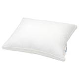 A white SKOGSOLVON pillow, rectangular with double-piped edges, in a plain design, made of lyocell and cotton.