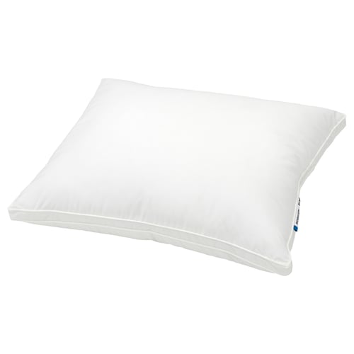 A white SKOGSOLVON pillow, rectangular with double-piped edges, in a plain design, made of lyocell and cotton.