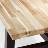 Smooth, well-finished wooden tabletop with visible grain patterns, supported by metal legs.