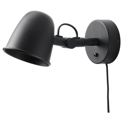 Black wall-mounted lamp with adjustable arm and shade. Metal with powder coating. Minimalist design.