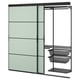 Option: SKYTTA wall unit: green panels, black metal, sliding door, mesh shelves.